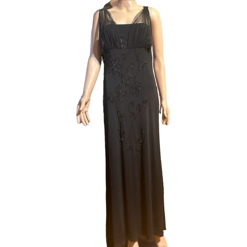 Laundry by Shelli Segal Black Beaded Mesh Shoulders Side Zip Evening Gown Dress